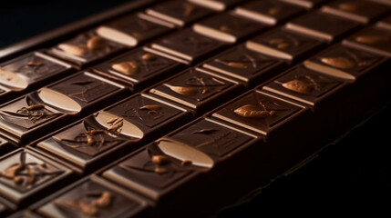 Divine cocoa indulgence, Close-up of luxurious dark chocolate bar tiles. Generative AI