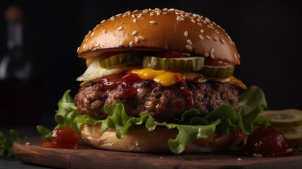 Gourmet delight, Delectable burger paired with golden fries. Generative AI