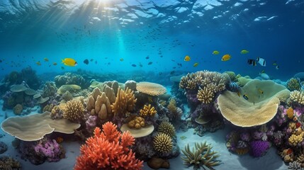 Fototapeta na wymiar Dive into a world of wonder with ultra-realistic 4K backgrounds that showcase the breathtaking beauty of coral reefs. The scene unveils an underwater paradise, coral reef and diver, Generative AI