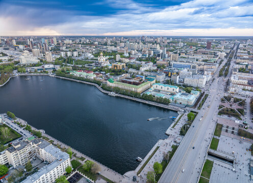 Embankment of the central pond and Plotinka. The historic center of the city of Yekaterinburg, Russia, Aerial View