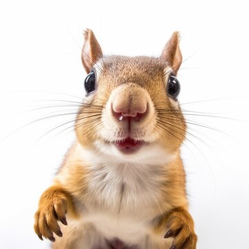 Studio Portrait of Funny squirrel on a white background. 360 degrees panoramic camera, AI generative