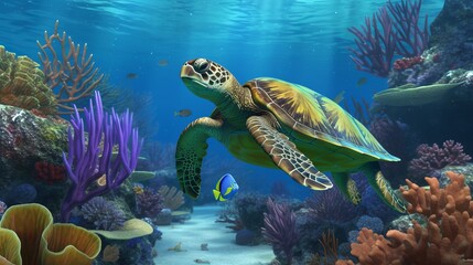 Immerse yourself in the mesmerizing beauty of coral reefs with ultra-realistic 4K backgrounds that showcase these underwater wonders, turtle swimming, Generative AI