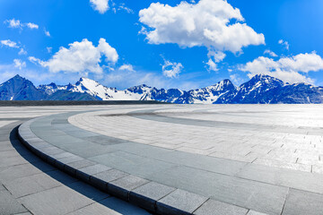 Round square floor and snow mountain natural background