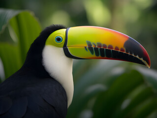 Colorful Toucan tropical bird in the nature with green plants in the background