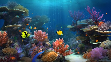 Immerse yourself in the mesmerizing beauty of coral reefs with ultra-realistic 4K backgrounds that showcase these underwater wonders, coral reef and fishes, Generative AI