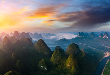 Aerial view of Karst mountain natural landscape at sunrise, Guilin, Guangxi, China.