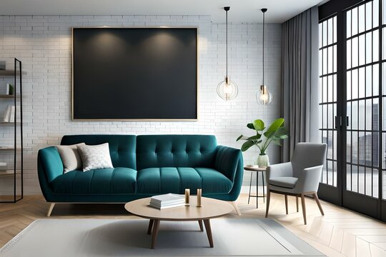 modern interior design,  living room interior with a frame mockup, offering a cozy place to relax and catch up on your favorite shows or read a book