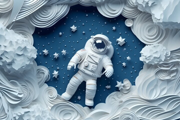 Astronout floating in the space with beautiful planet, Paper art style background.