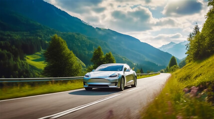 modern electric vehicle drives with green electricity through a green mountainous landscape