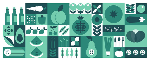 Geometric mosaic food pattern. Natural fruit vegetable icons, simple minimal restaurant menu design. Vector background