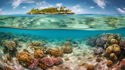 Naklejka na ściany i meble Dive into a world of wonder with ultra-realistic 4K backgrounds that showcase the breathtaking beauty of coral reefs. The scene unveils an underwater paradise, tropical coral reef, Generative AI