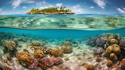 Dive into a world of wonder with ultra-realistic 4K backgrounds that showcase the breathtaking beauty of coral reefs. The scene unveils an underwater paradise, tropical coral reef, Generative AI