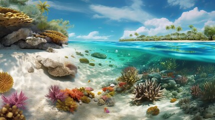 Naklejka na ściany i meble Dive into a world of wonder with ultra-realistic 4K backgrounds that showcase the breathtaking beauty of coral reefs. The scene unveils an underwater paradise, coral reef and sea, Generative AI