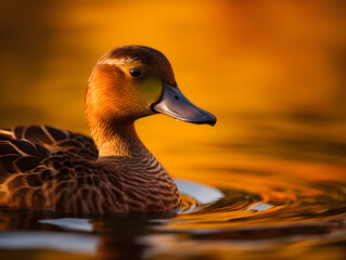 beautiful duck on the water in the wildness with sun shining on it