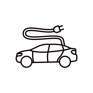 Electric car with plug icon symbol.