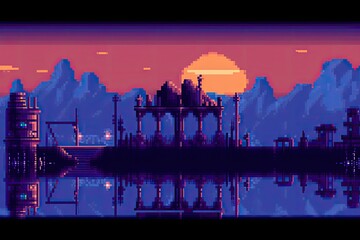 Naklejka premium PIxel Art Landscape | Pixel Graphics | Old School Video Games | Generative AI Artwork