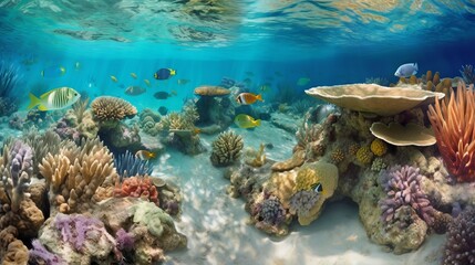 Naklejka na ściany i meble Immerse yourself in the mesmerizing beauty of coral reefs with ultra-realistic 4K backgrounds that showcase these underwater wonders, coral reef and fish, Generative AI