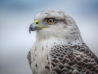 Close up of brown and white hawk in profile with yellow eye on white background