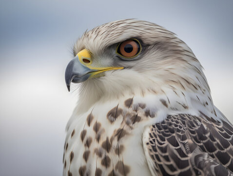 Close up of brown and white hawk in profile with yellow eye on white background in the wild