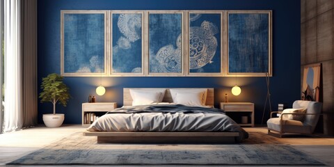 bedroom blue, simple and bohemian style Generative AI