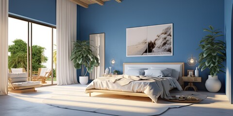 3d rendering of a bedroom with blue walls and white comforter Generative AI