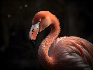 close up on a beautiful Flamingo with dark background