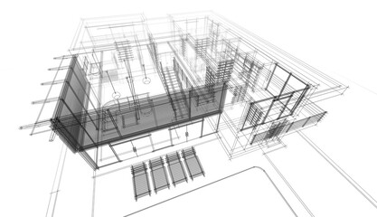 Fototapeta na wymiar House architectural drawing 3d illustration