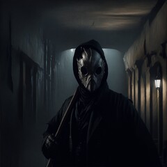 Fototapeta na wymiar Scary masked man in dark cellar with baseball bat. Artwork created with Generative AI