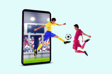 Men kicking soccer ball with mobile phone
