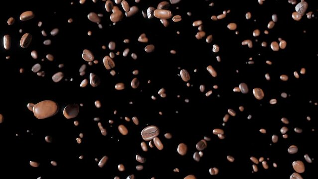 Roasted coffee beans falling down in slow motion seamless loop looping on black background chroma key. Looped 3d Animation with DOF Blur. 4K UHD 3840x2160 