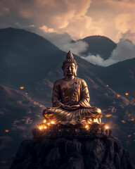 Fototapeta premium a statue of buddha sits in front of a sunset