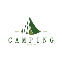 vintage and retro tent logo, camping. With tent, tree and bonfire sign. adventurers, scouts, climbers, camping equipment center