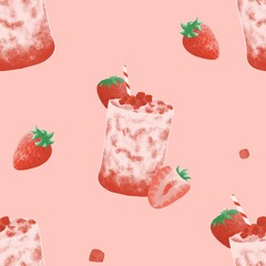 Strawberry milkshake pattern pink background