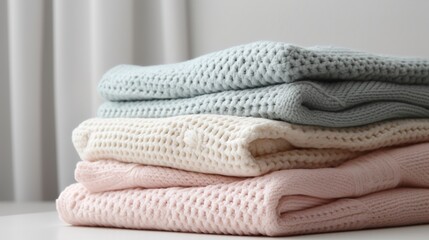 Stack of baby blankets and bedspreads folded close-up on a light background. AI generated	
