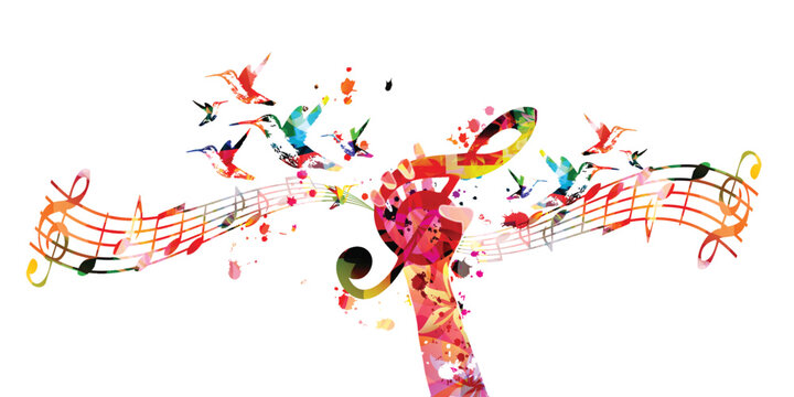 Hand holding treble clef musical note symbol on white background. Music inspired design with abstract G-clef and musical notes staff. Live concert event, talent show, music festival, party flyer