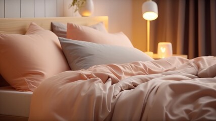 Double bed with duvet and cushions and decors. Generative AI