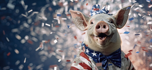 A charming pig celebrating with a flag of usa on independence day on 4th of july america flag confetti background, generative ai.