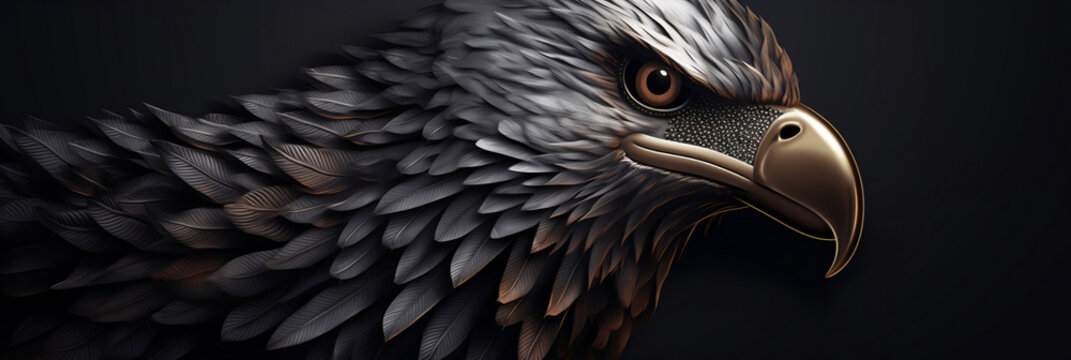 metal eagle head illustration on dark background, banner, generative AI