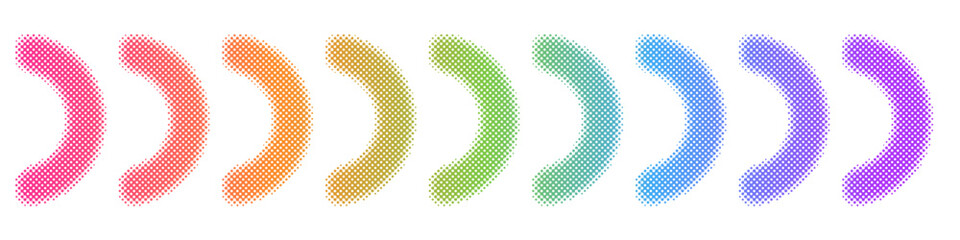 Abstract Colorful Semicircular Arrows. Dots, Dotted, Sparkle, Pixels, Square, Circle, Circular halftone shape Rainbow Ropde month Symbol. Vector Design Elements