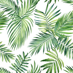 Fototapeta na wymiar Jungle palm leaves. Tropical background, seamless pattern. Flora painting watercolor
