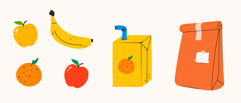 School lunch box set: Lunch bag, yellow and red apple, orange, banana and orange juice with straw. Hand drawn, doodle trendy style. Groovy stickers (Full Vector)