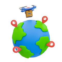 3d minimal product delivery. cargo transportation. delivery point. globe with drone and map pin icon. 3d rendering illustration.