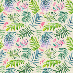 Fototapeta na wymiar Seamless tropical pattern with colorful palm leaves. Watercolor painting illustration, tropical plants 