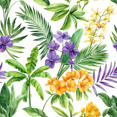 Jungle palm leaves and flowers. Tropical background, seamless pattern. Flora painting watercolor
