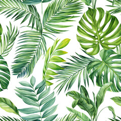 Naklejka na ściany i meble Tropical pattern. Jungle green palm leaf. Tropical summer background, seamless pattern painting watercolor illustration