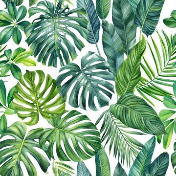  Seamless tropical pattern with palm leaves and flowers. watercolor painting illustration. Green leaf background.