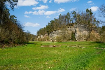 Sandstone rock formation in Plakanek Valley, Cesky raj, Czech Republic.