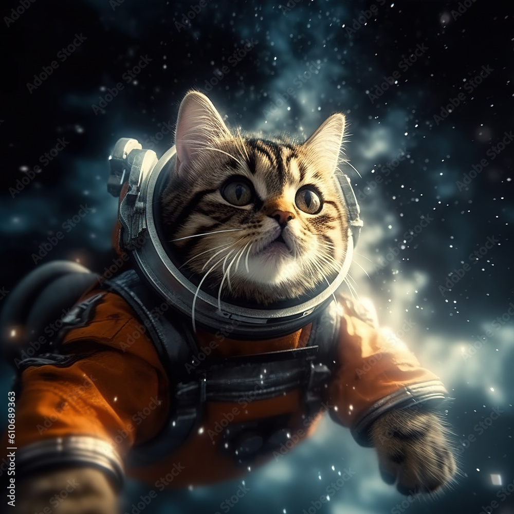 Canvas Prints science fiction space background with cat astronaut. cat in a space suit floating.generated by ai.