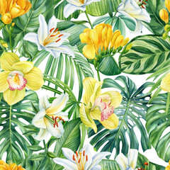 Tropical patterns, Seamless tropical pattern, palm leaves and flowers. Botanical watercolor flora. orchid, lily, freesia