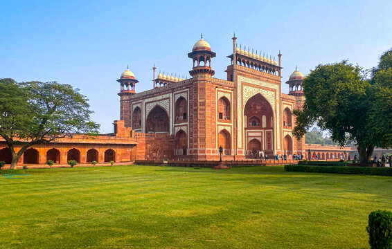 The famous red fort in the city of Agra, India. Tourists visit a popular tourist attraction.